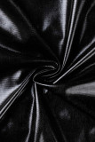 Vestidos de falda de un paso con cuello en V y pliegues de patchwork sólido sexy negro