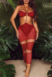 Красные сексуальные сплошные выдолбленные лоскутные прозрачные платья-юбки-карандаш с лямкой на шее