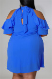 ライトブルーファッションカジュアルプラスサイズソリッドくり抜かれたタートルネック半袖ドレス