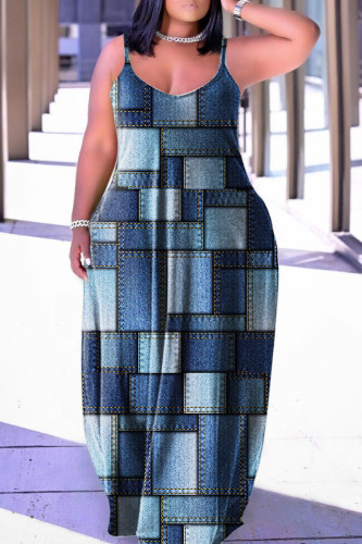 The cowboy blue Casual Street Print Patchwork Spaghetti Strap Lantern Skirt Plus Size Dresses