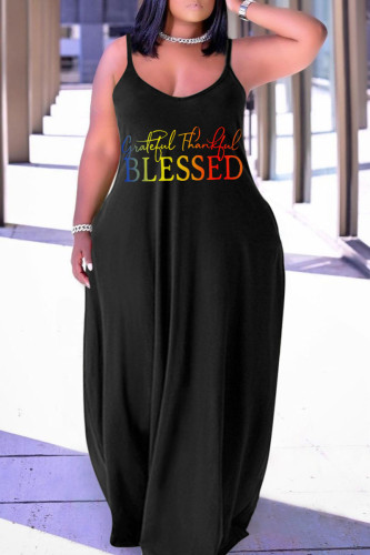 Cowboy Black Casual Street Print Patchwork Spaghetti Strap Lantern Skirt Plus Size Dresses