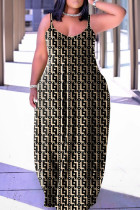 Kaki casual straatprint patchwork spaghettibandje lantaarnrok Grote maten jurken