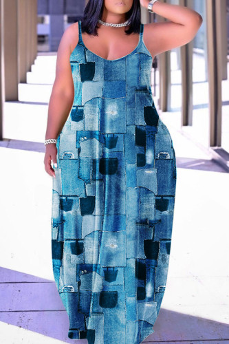 Baby Blue Casual Street Print Patchwork Spaghetti Strap Lantern Skirt Plus Size Dresses