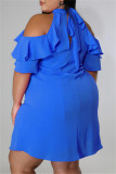 Lichtblauwe mode casual plus size effen uitgeholde coltrui jurk met korte mouwen