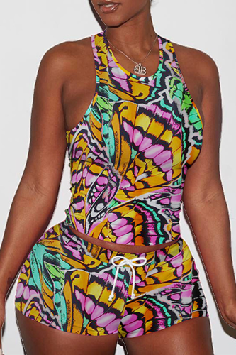 Colour Street Print Patchwork O Neck Sleeveless Two Pieces