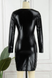 Vestidos de falda de un paso con cuello en V y pliegues de patchwork sólido sexy negro