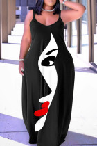 Черная повседневная юбка-фонарик на тонких бретелях с уличным принтом Платья больших размеров в стиле пэчворк