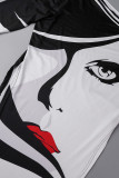 Noir Rouge Casual Street Print Patchwork Slit Oblique Collar Plus Size Two Pieces