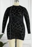 ブラック セクシー ソリッド パッチワーク シースルー ジッパー カラー ペンシル スカート プラス サイズのドレス