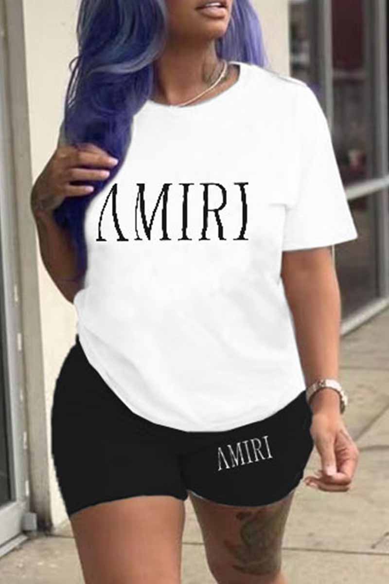 

Black Casual Print Letter O Neck Short Sleeve Two Pieces