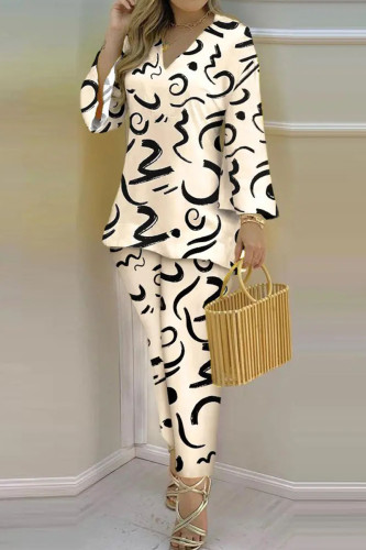 Apricot Casual Print Patchwork V Neck Long Sleeve Two Pieces