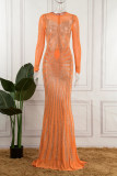 Vestidos de falda de un paso con cuello en O transparente con perforación en caliente de patchwork sexy naranja