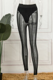 Zwart Sexy casual effen patchwork doorzichtige magere hoge taille potlood patchwork broek
