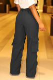 Pantalones de color sólido rectos de cintura alta con pliegues de bolsillo de patchwork sólido informal negro