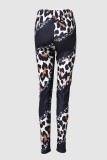 Schwarze, lässige Leoparden-Patchwork-Hose mit hoher Taille und Bleistiftdruck