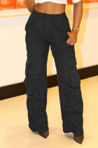 Schwarze, lässige, solide Patchwork-Taschenfalte mit hoher Taille, gerade, einfarbige Unterteile