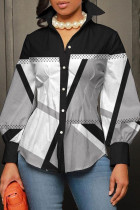 Blusas casuais cinza com estampa de rua e patchwork com fivela e gola redonda