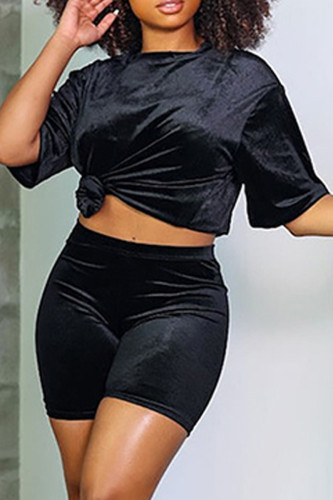 Black Casual Solid Basic O Neck Short Sleeve Two Pieces