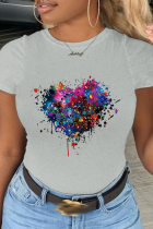 Grijze T-shirts met patchwork en O-hals met straatprint