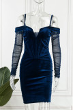 Blauwe sexy effen patchwork backless off-shoulder jurken met lange mouwen