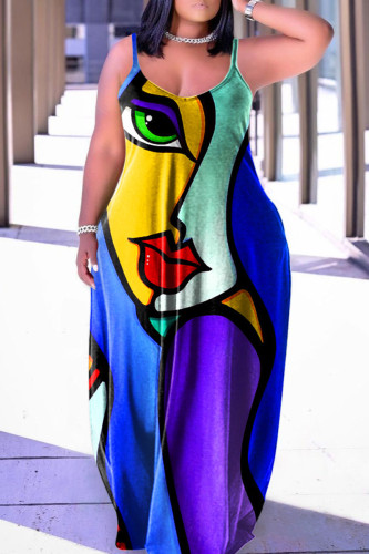 Blue Casual Print Patchwork Spaghetti Strap Lantern Skirt Plus Size Dresses