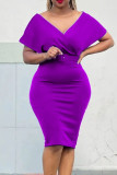 Vestidos de falda de lápiz con cuello de pico de cinturón de patchwork sólido elegante casual púrpura
