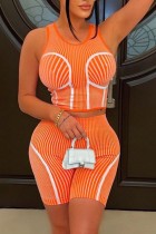 Оранжевый Повседневная спортивная одежда Полосатый принт Пэчворк О-образный вырез Без рукавов Из двух частей