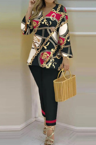 Red Casual Print Patchwork V Neck Long Sleeve Two Pieces