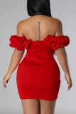 Rojo sexy sólido patchwork asimétrico fuera del hombro lápiz falda vestidos
