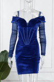 Blauwe sexy effen patchwork backless off-shoulder jurken met lange mouwen