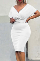 ホワイト カジュアル エレガント ソリッド パッチワーク ベルト付き Vネック ペンシルスカート ドレス