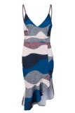 Farbe Sexy Print Backless V-Ausschnitt Sling Dress Kleider