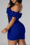 Färgglada blå sexiga solida lapptäcken Asymmetriska off the shoulder pencil skirt-klänningar
