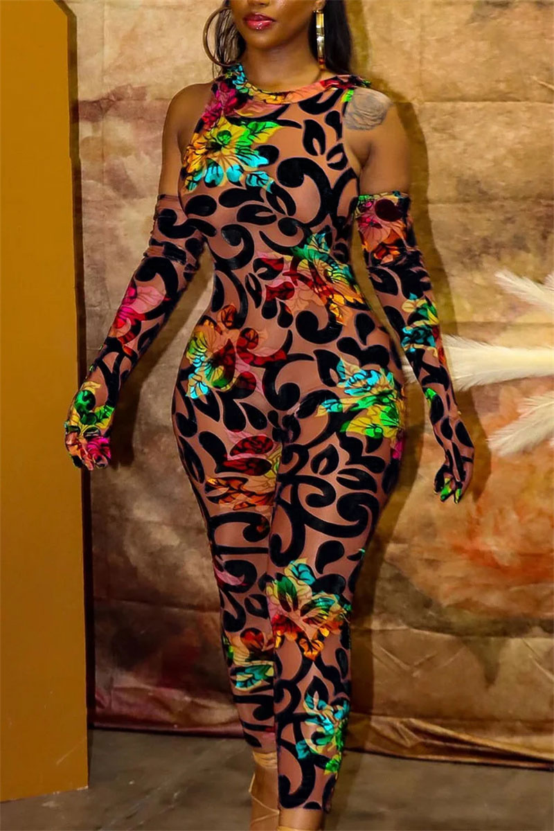 

Brown Sexy Print Basic Printing O Neck Regular Jumpsuits