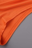Оранжевое сексуальное лоскутное горячее сверление прозрачное платье с круглым вырезом и юбкой в ​​один шаг