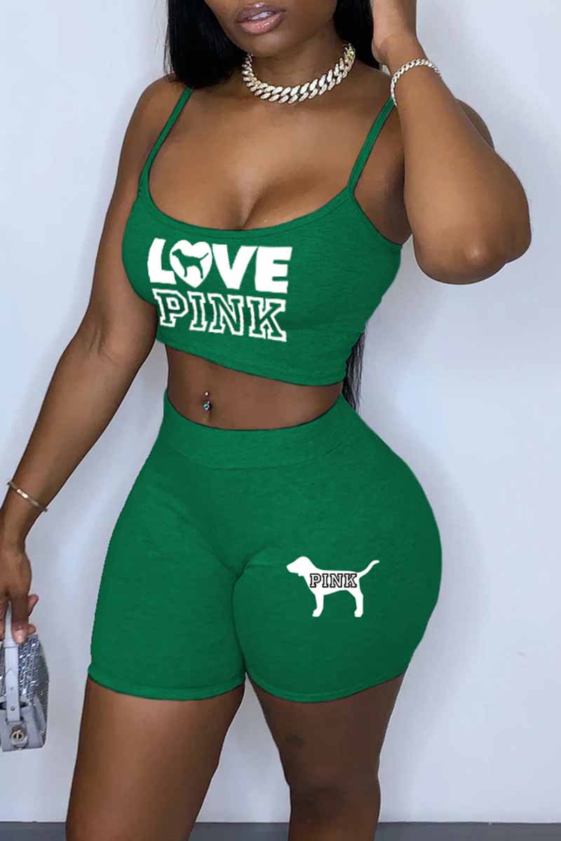

Green Street Print Letter Spaghetti Strap Sleeveless Two Pieces