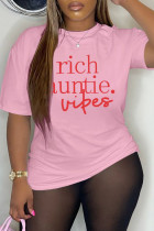 Camisetas casuais rosa com estampa de letras básicas com gola O