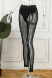 Schwarze, sexy, lässige, durchsichtige Patchwork-Hose mit hoher Taille und Bleistift
