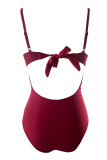 Burgundy Sexy Solid Bandage Patchwork See-through Backless Swimwears