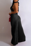 Черный сексуальный сплошной выдолбленный лоскутное платье с открытой спиной складной недоуздок без рукавов из двух частей