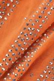 オレンジ セクシー パッチワーク ホット ドリル シースルー O ネック ワンステップ スカート ドレス