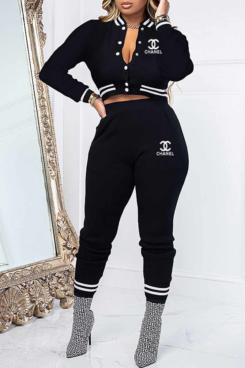 

Black Casual Print Letter Mandarin Collar Long Sleeve Two Pieces