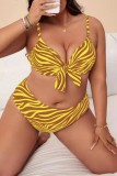 Yellow Sexy Print Backless Spaghetti Strap Plus Size Swimwear (With Paddings)