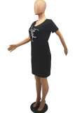 Zwarte casual print basic jurk met V-hals en korte mouwen