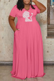 Vestidos rosa casual estampa patchwork decote em v reto plus size
