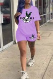 Purple Casual Character Print Letter O Neck Short Sleeve Two Pieces