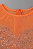 Orange Sexy Patchwork Hot Drilling Durchsichtige One-Step-Rock-Kleider mit O-Ausschnitt