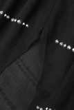 黒のセクシーなパッチワーク ホット ドリル シースルー スリット O ネック長袖ドレス