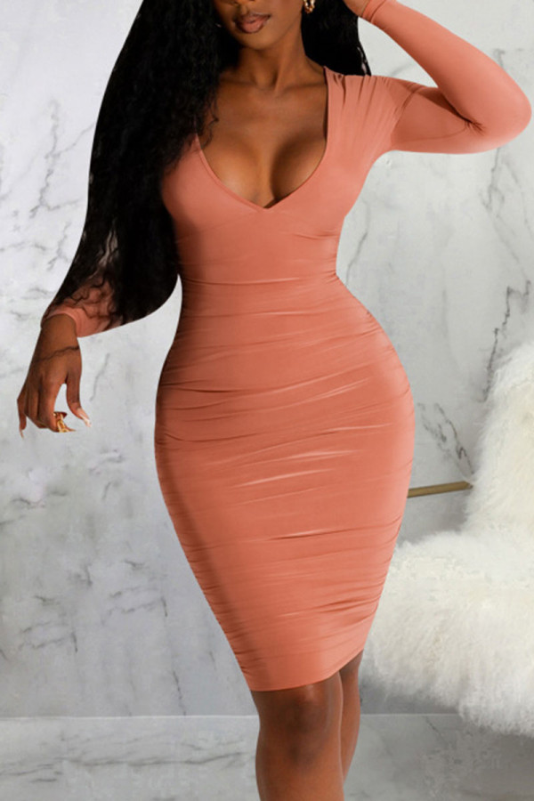 ピンク オレンジ セクシー ソリッド パッチワーク V ネック ペンシル スカート ドレス