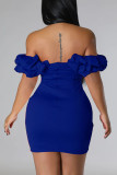 Färgglada blå sexiga solida lapptäcken Asymmetriska off the shoulder pencil skirt-klänningar